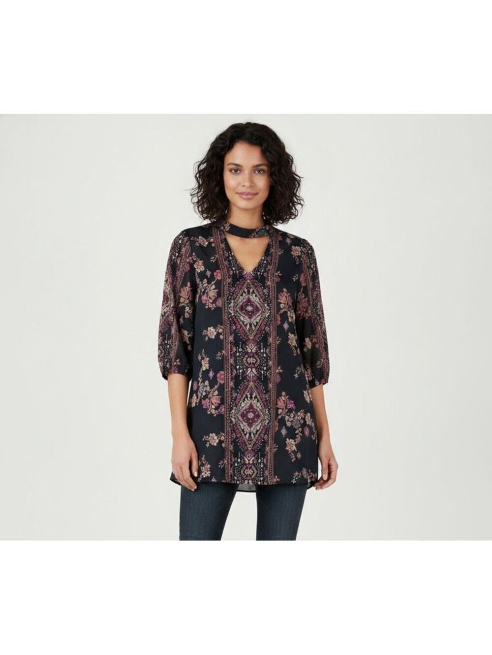 BCX Black Floral and Medallion Print Choker Boho Mini Dress Size 8